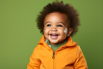 Portrait of a cute African American baby boy wearing yellow jacket laughing on green background