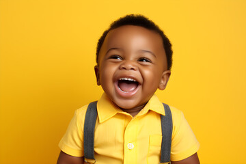 Portrait of a cute African American baby boy wearing yellow shirt with braces laughing on bright yellow background - obrazy, fototapety, plakaty
