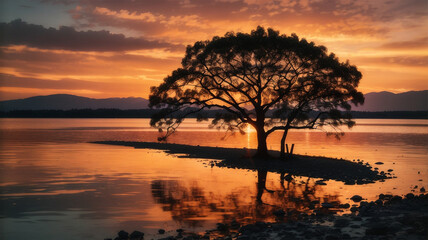 Fototapeta na wymiar trees near water during beautiful sunset, generative ai