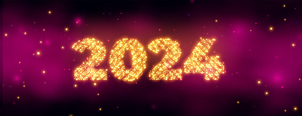 happy new year 2024 greeting banner with golden sparkling effect