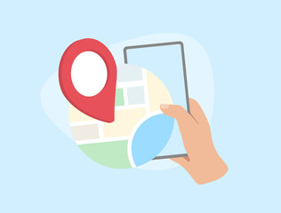 Local search - Finding Nearby Businesses on Map. Geofencing Illustration for local seo and location-based marketing. Isolated vector icon on blue background