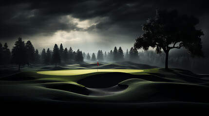 Golf hole - lit by moonlight - stylish - dramatic - night view - par three - open course - championship  - obrazy, fototapety, plakaty