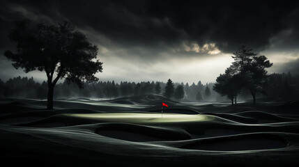 Golf hole - lit by moonlight - stylish - dramatic - night view - par three - open course - championship 