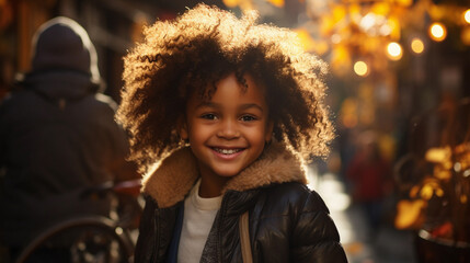 Portrait of a little happy dark-skinned girl on a blurred background, beautiful lighting.