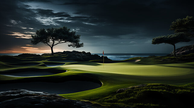 Golf hole - lit by moonlight - stylish - dramatic - night view - par three - open course - championship 