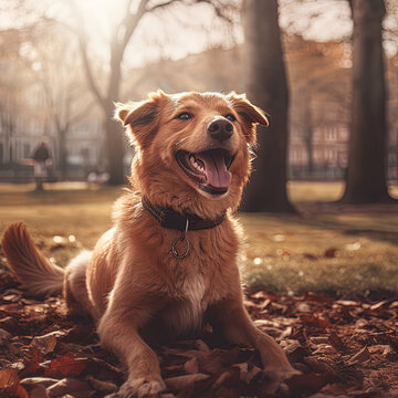 a dog playing in park, happy moment , joyful concept  image, Generative AI
