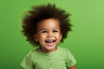 Portrait of a cute African American baby girl wearing green shirt laughing on bright green background