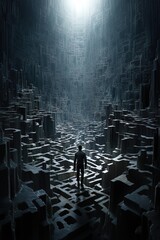 Man silhouette in maze or labyrinth. Finding solution and self concept. 
 - obrazy, fototapety, plakaty