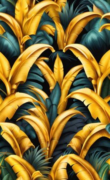 Tropical seamless pattern with stylized banana trees, golden leaves. Hand-drawn vintage 3D illustration. Glamorous exotic abstract background design. Good for luxury wallpapers, cloth, Generative AI