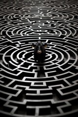 A person in a maze representing the challenge of understanding the many pathways of cognition. Psychology art concept. 
 - obrazy, fototapety, plakaty