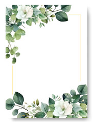 Arrangement of white gardenia flowers and leaves at corner frame hand painting on wedding invitation card