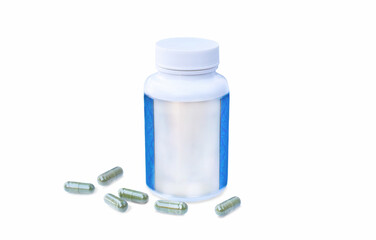 jar of pills without inscription on white background