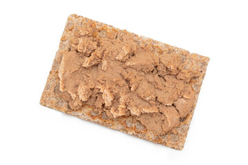 Crispy Sandwich with Chicken Pate Isolated on White Background - Top View. Whole Grain Bread with Liver Pate. Diet Breakfast and Healthy Food