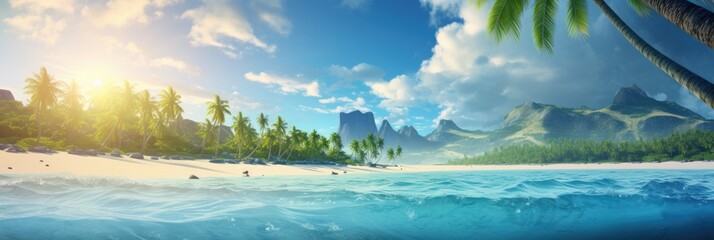 illustration of tropical paradise wallpaper with palm trees and a turquoise ocean, generative AI