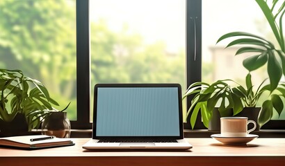 Fototapeta premium Laptop with coffee cup on work desk. Modern office workspace with view. Contemporary home setup. Professional workstation. Minimalist and clean. Morning light