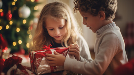 Fototapeta na wymiar children with Christmas presents