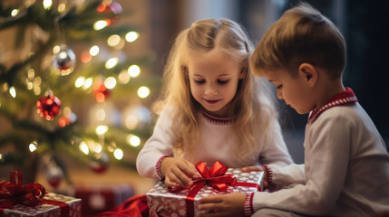 Obraz na płótnie Canvas children with Christmas presents