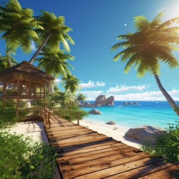 Photo of beautiful sunny paradise resort landscape with turquoise ocean sea, sun, sand beach and palm trees