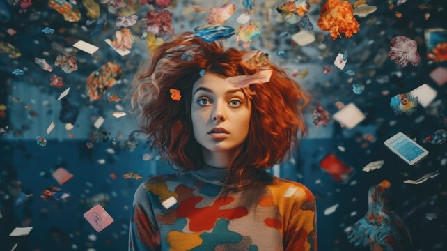 Overwhelming information data explode out of head of young human brain, too much media, too much information, maximalism, news, social media addiction. Generative AI image weber.