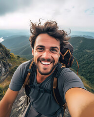 Joyful Hiker Captures Selfie Atop Mountain Celebrating Adventure Achievement