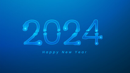 Abstract 2024 Happy New Year digital banner background. Futuristic glowing neon and light style on blue