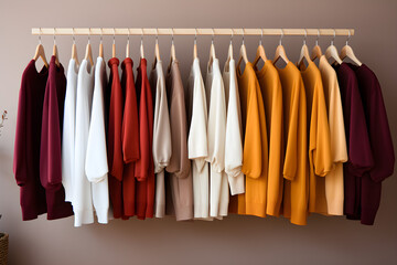 weaters on rack in a living room, in the style of warm color palette, minimalistic composition, elegant clothing, organic material, light maroon and orange, women designers. Generative AI