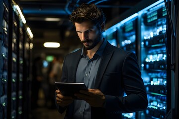 man standing in the server room, holding his tablet, in the style of contrasting. Generative AI
