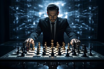 business man placing pieces on chess board, in the style of futurist movement, sharp. Generative AI Illustration - obrazy, fototapety, plakaty