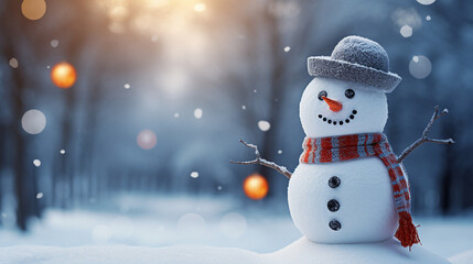 Fototapeta premium Happy snowman standing in christmas landscape.Snow background.Winter fairytale.