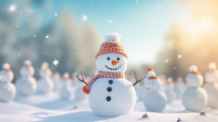 Obraz premium Happy snowman standing in christmas landscape.Snow background.Winter fairytale.