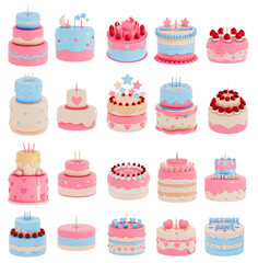 Collection of Birthday cake party element on transparent background, Colorful delicious desserts . 3D rendering