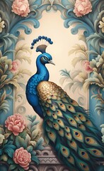 Wall mural, wallpaper, in the style of classic, baroque, modern, rococo. Wall mural with peacocks and patterned background. Light, delicate photo wallpaper, Generative AI 