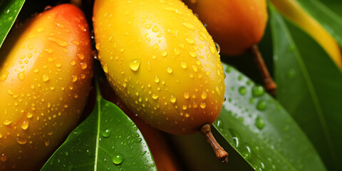 close up of fresh mango plant with water drops over them
