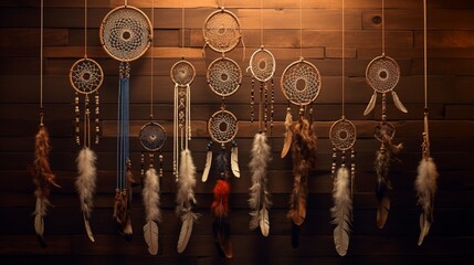 A collection of dream catchers with feathers on the wall4k, high detailed, full ultra HD, High resolution