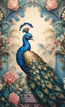 Wall mural, wallpaper, in the style of classic, baroque, modern, rococo. Wall mural with peacocks and patterned background. Light, delicate photo wallpaper, Generative AI 