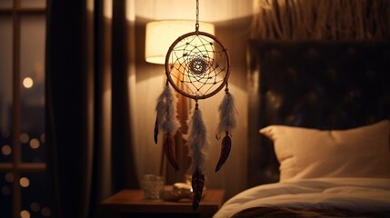 A dream catcher hanging on the luxuary wall in the bedroom4k, high detailed, full ultra HD, High resolution