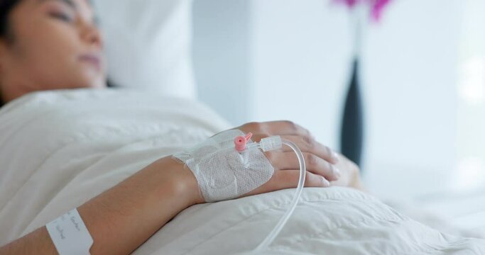 Woman Hand, Bed And Drip In Closeup, Clinic And Thinking With Hydration, Liquid Or Supplement. Person, Healthcare And Wake Up With Blood Transfusion, Anesthesia Or Pharma Drugs For Pain In Hospital