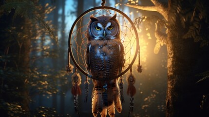 a dream catcher with an owl motif in the dawn forest 4k, high detailed, full ultra HD, High resolution - obrazy, fototapety, plakaty