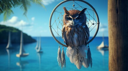 a dream catcher with an owl motif on the ocean 4k, high detailed, full ultra HD, High resolution