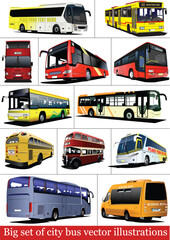Big set of City buses. Tourist coach. Vector 3d illustration for designers