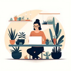 Fototapeta premium woman working from home on laptop surrounded by plants