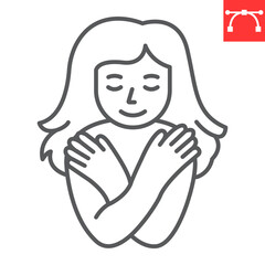 Self love line icon, self acceptance and mindfulness, young woman hugging herself. vector icon, vector graphics, editable stroke outline sign, eps 10.