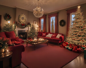 Main living room inside a house with elegant Christmas decorations everywhere, a Christmas tree with spheres, gifts, lights, candles and red armchairs at night in December.
