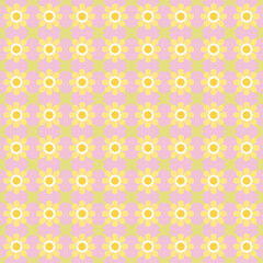 Simple geometric vector seamless pattern with yellow flowers,on pink background. Light abstract floral wallpaper, wrap paper and fabric