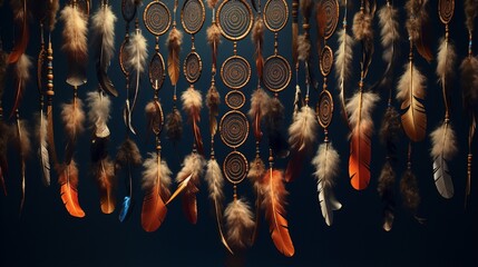 A wall of feathers with a dream catcher on it4k, high detailed, full ultra HD, High resolution - obrazy, fototapety, plakaty