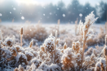 frost covered dry plants during snowfall. Winter background