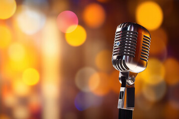 Retro microphone on stage against blurred background with bokeh lights.