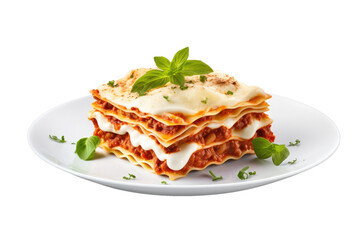 Lasagne isolated on white background. Piece of lasagna with bolognese sauce on plate. Italian cuisine - obrazy, fototapety, plakaty