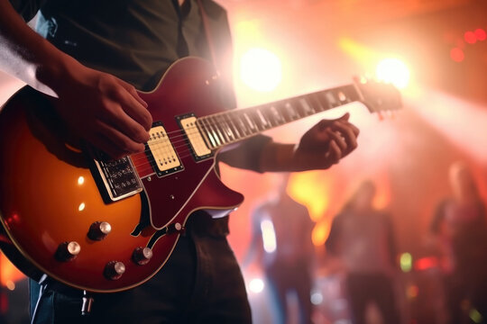 Musician playing guitar on scene with spotlights. Musical band at concert