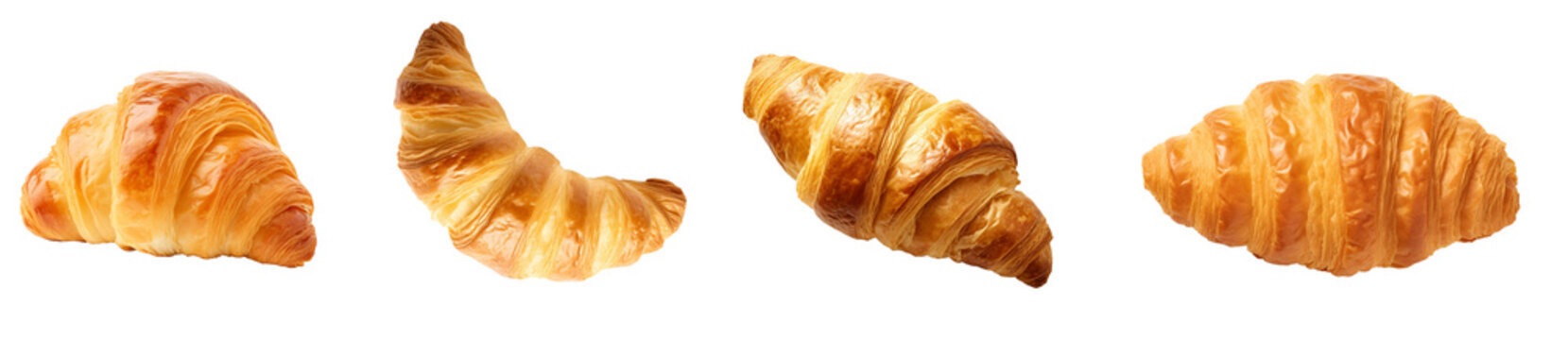 A set of isolated flaky croissant with a golden hue, resting gracefully on a pristine white backdrop.